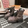 Rhinestone Martin boots women's leopard print full diamond luxury lace-up short boots round head thick sole muffin locomotive boots women
