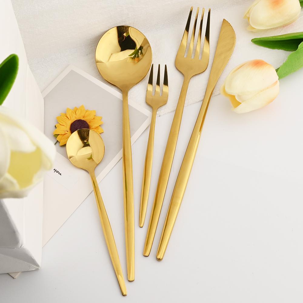 6People Gold Cutlery Set Mirror Stainless Steel Dinnerware Set Knife Cake Fork Tea Spoon Silverware Flatware Party Western Kitchen Tableware