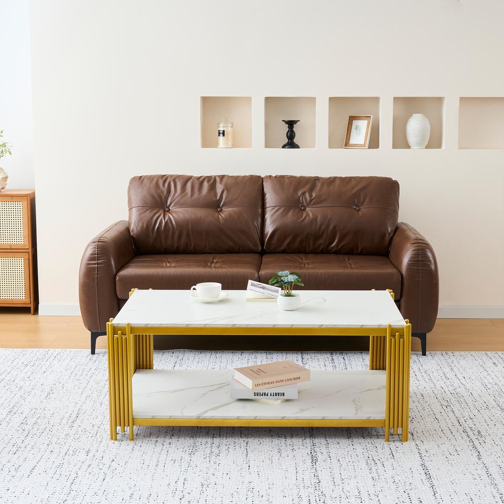 Rectangular Coffee Table with Metal Legs, Marbled Tabletop, Modern Living Room Furniture, White-Gold – H46/B1140/T64 cm