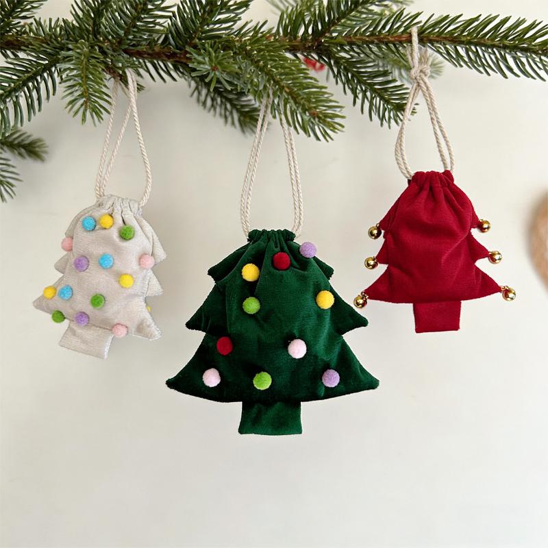 Polyester Christmas Tree Drawstring Gift Bag with Pom Poms Bell Decor Reusable for Xmas Gift Wrapping Supplies