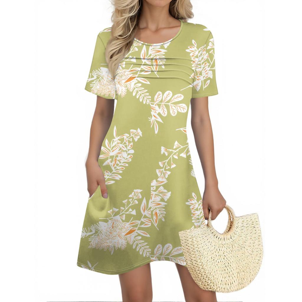 Женские летние платья Женские летние платья с цветочным принтом Повседневные платья с коротким рукавом и круглыми карманами