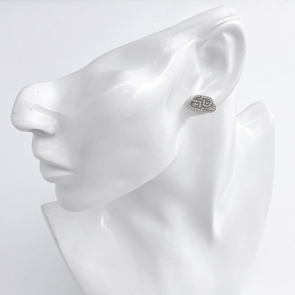 Серьги-гвоздики Balenciaga Interlock BB Logo Rhinestone 624203 TZ05S 7155 Silver/Clear [Товар]