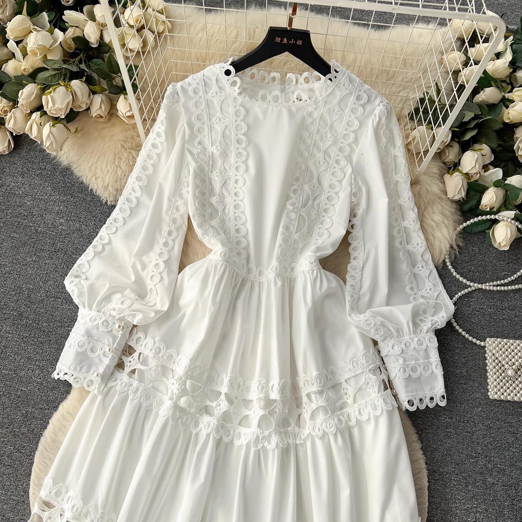 Autumn Holiday Embroidery Hollow Out Dress Women's Lantern Sleeve O Neck Lace Trims Solid Color Evening Party Midi Dresses