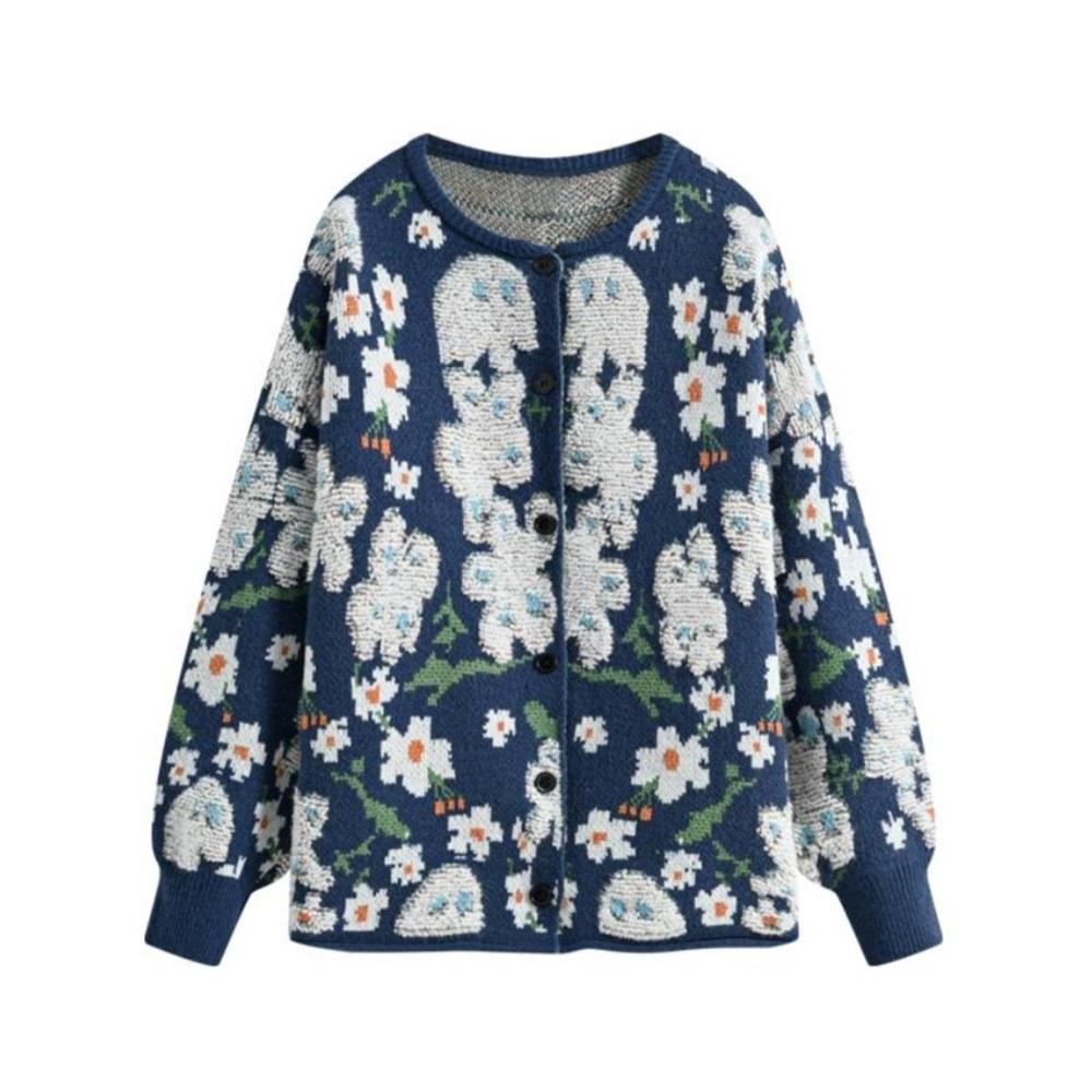 Sweaters Flower Coat Pink Cardigan Autumn Women Print O-Neck Bat Sweaters Knitting Loose Sweater Green
