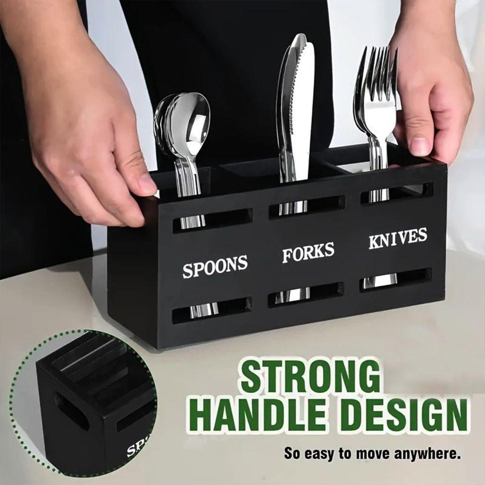 3 Compartments Cutlery Holder Wooden Storage Rack Portable Kitchen Utensil Holder Table Countertop
