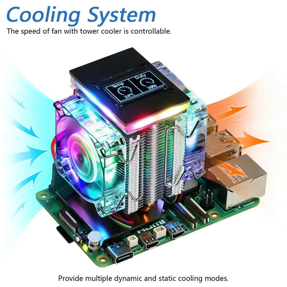 Активный радиатор Freenove для Raspberry Pi 5, 1/2 ШИМ-вентилятора, Синхронизация ARGB-подсветки, OLED-экран, Множество режимов охлаждающей подсветки