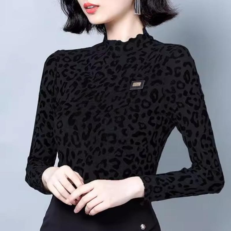 Autumn Leopard Print Slim Body Shirt Mesh Base Shirt for Women with Thin Casual Half-high Neck Temperament T-shirt