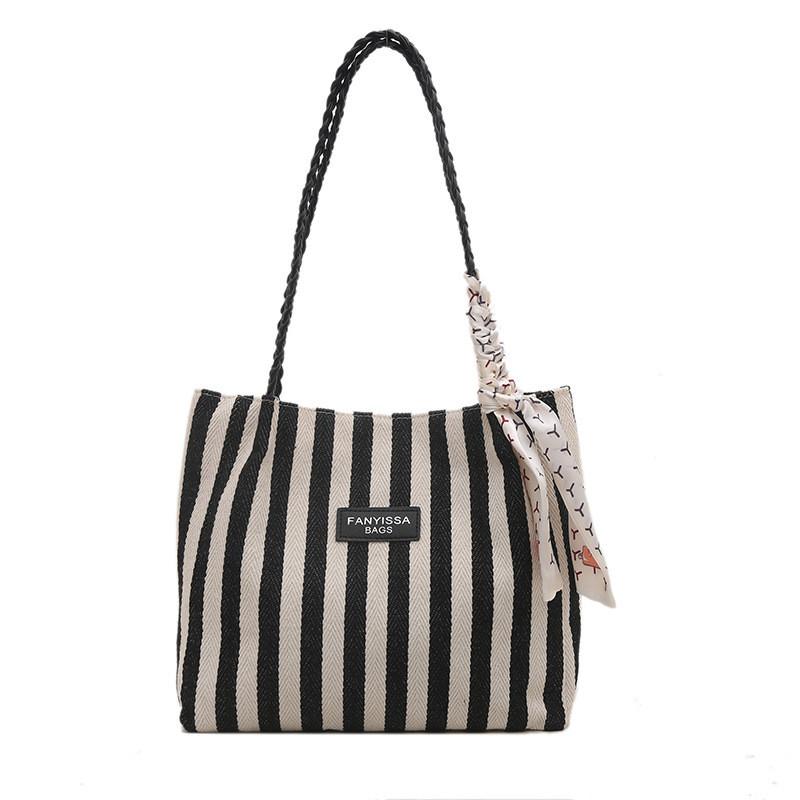 Fashion Letter Decoration Striped Pattern Woven Shoulder Strap Women Tote Bag For Commuting