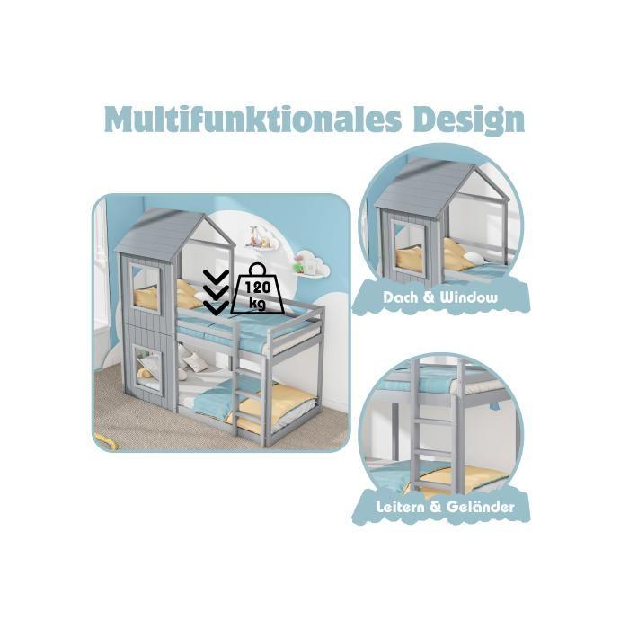 Lit superposé - MUVOE - 90x200 cm - Bois massif - Gris - Avec échelle et baldaquin