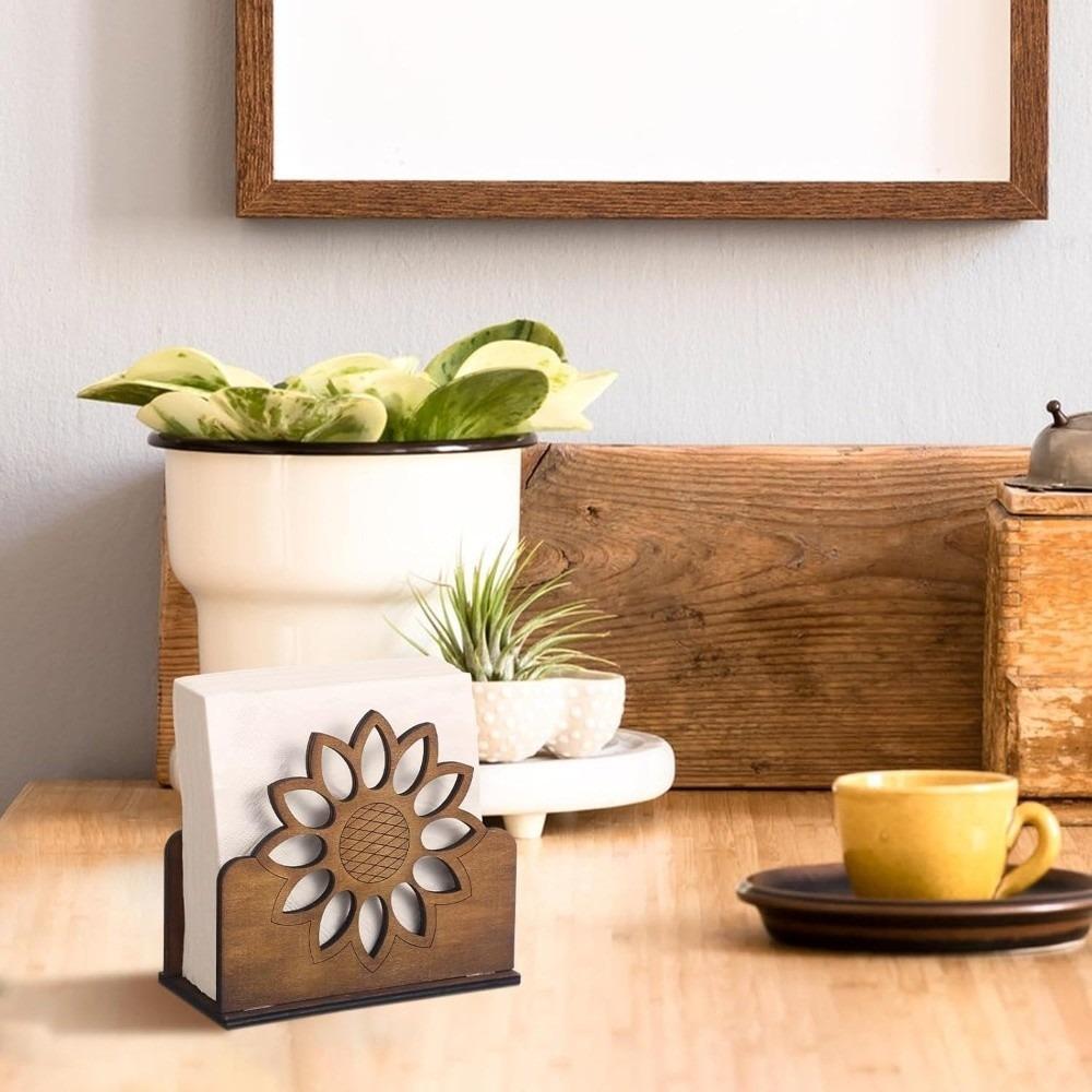 Sunflower Design Wooden Napkin Holder Retro Style Cocktail Table Tissue Dispenser Desktop Use