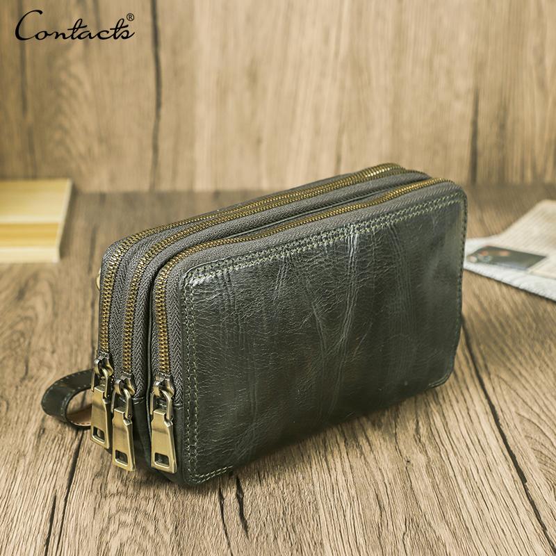 Кошельки-клатчи из натуральной кожи CONTACT'S для мужчин, сумка через плечо, сумка для телефона, кошельки для карт, многофункциональная сумка с застежкой-молнией