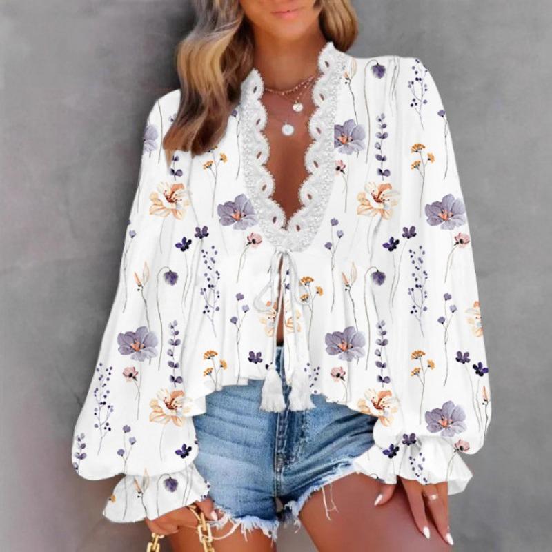 2025 Весна и Осень Новая Женская Рубашка с V-образным Вырезом и Кружевной Отделкой