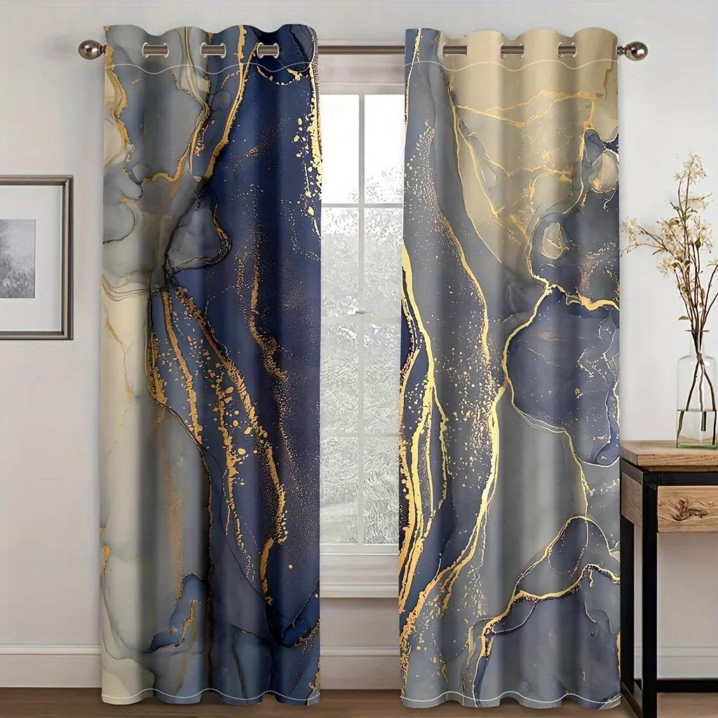 3D 2 панели Скандинавский Золотой Лист Мрамор Цифровая Печать Штора Люверсы Верх Штора Гостиная Спальня Кухня Офис Домашний Декор
