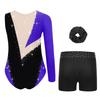 Girls Rhinestone Color Block Asymmetrical Leotard Round Neck Gymnastics Skating Outfit Set