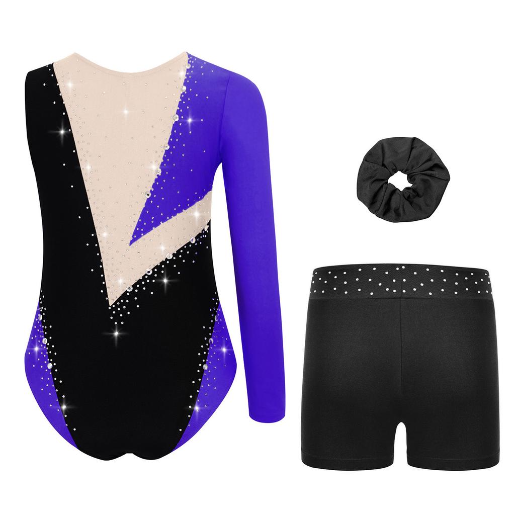 Girls Rhinestone Color Block Asymmetrical Leotard Round Neck Gymnastics Skating Outfit Set