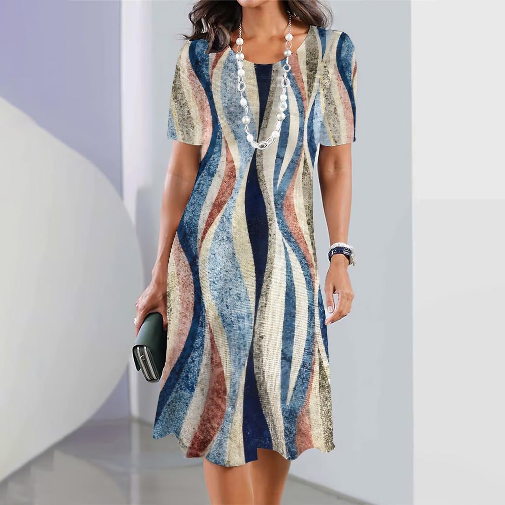 Летняя женская одежда Свободная юбка А-силуэта с короткими рукавами Стильное платье с 3D-нерегулярным принтом Женская одежда Платья с круглым воротником