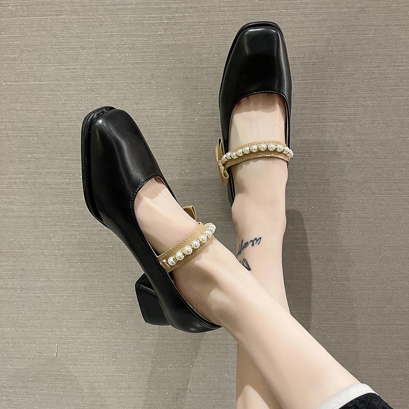 Fashion New Square Toe Thick Heel Shallow Mouth Bowknot Pearl Decoration Elegant Women's Shoes Sexy Fashion Casual Party Low Heels