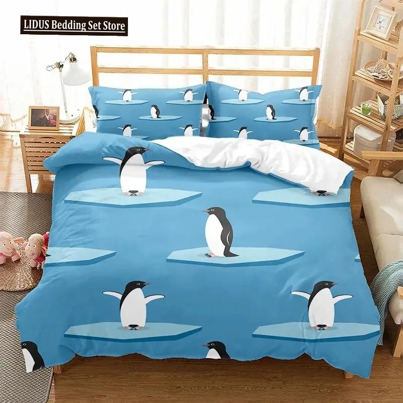Cartoon Penguin Duvet Cover Collection For Boys Girl Animated Antarctic Animal Polyester Quilt Cover White Black King Queen Size