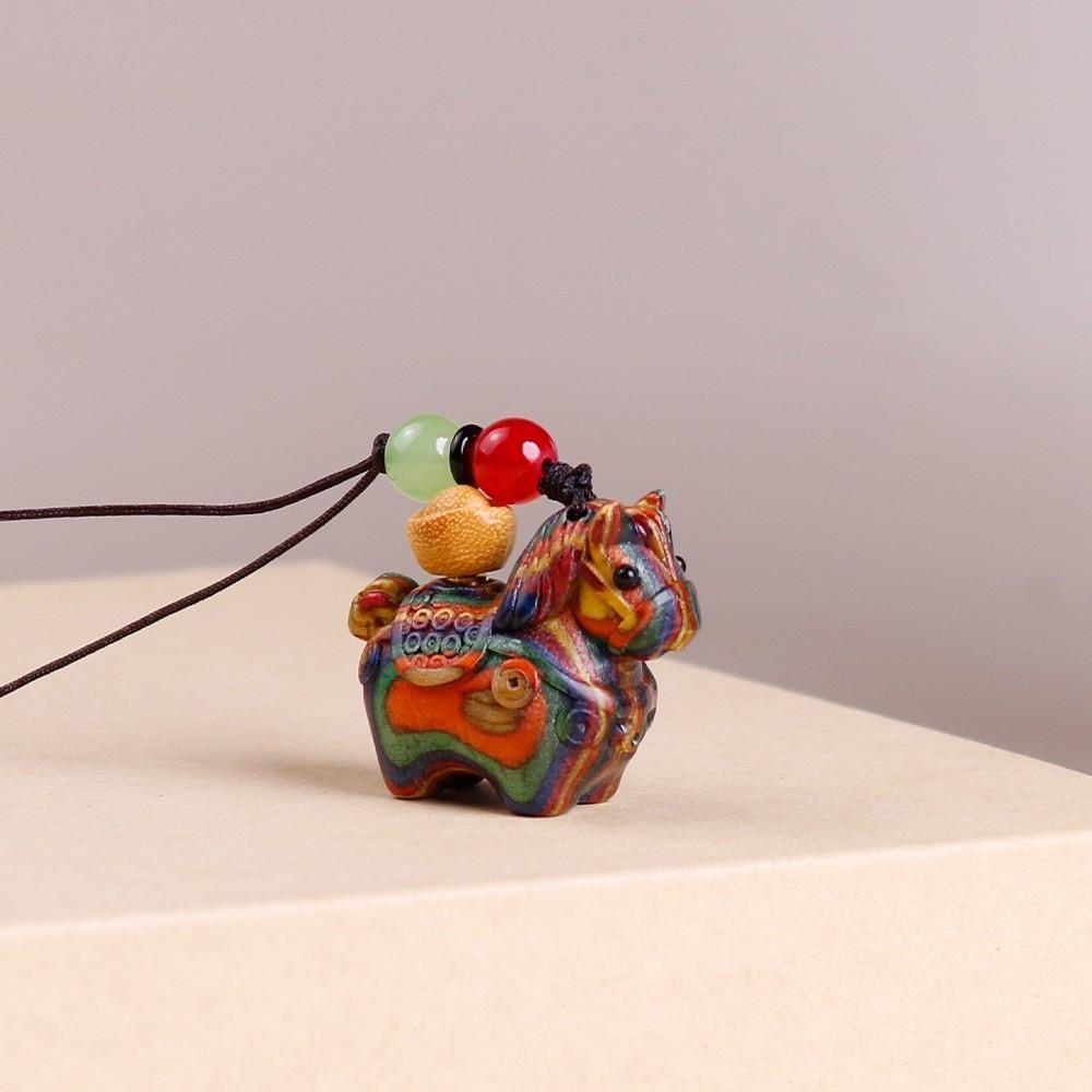 Mini Zodiac Horse Pendant Chinese Style Green Sandalwood Phone Chain Wooden Horse Keychain Friends