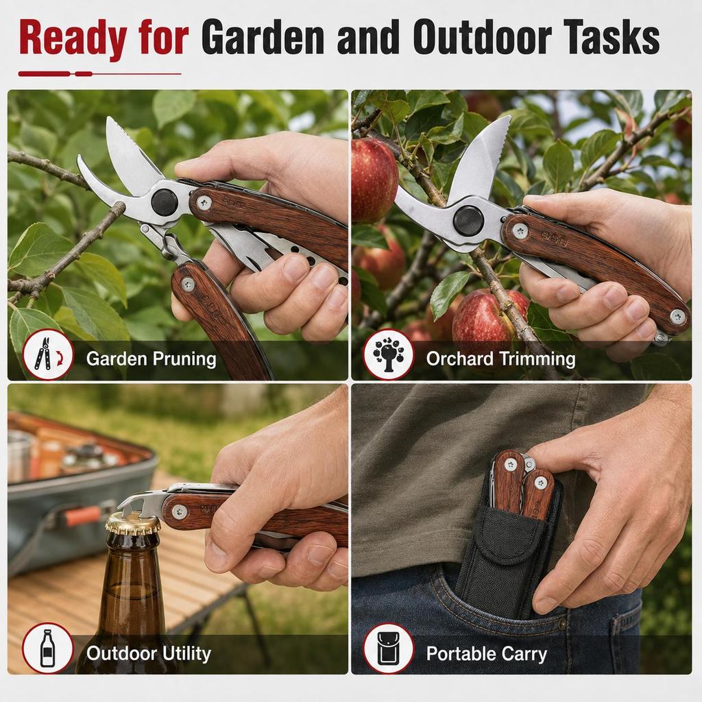 Multi-functional folding garden pruning shears, 8-in-1 stainless steel gardening tool, portable cutter.
