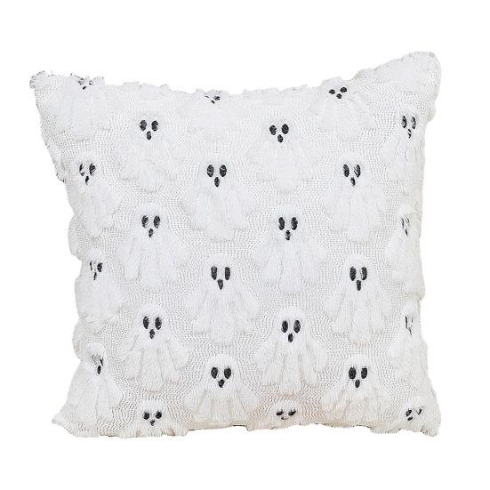 Halloween Decorative Pillow Cover Soft Plush Throw Cushion Case with 3D Embroidered Ghost Pumpkin Design for Couch Sofa Bedroom