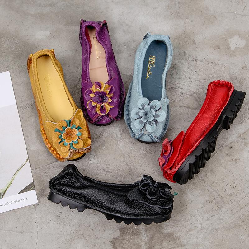 Women Loafers Genuine Split Leather Flat Heels Flower Round Toe Soft Solid Sandals Platform Ladies Shoes