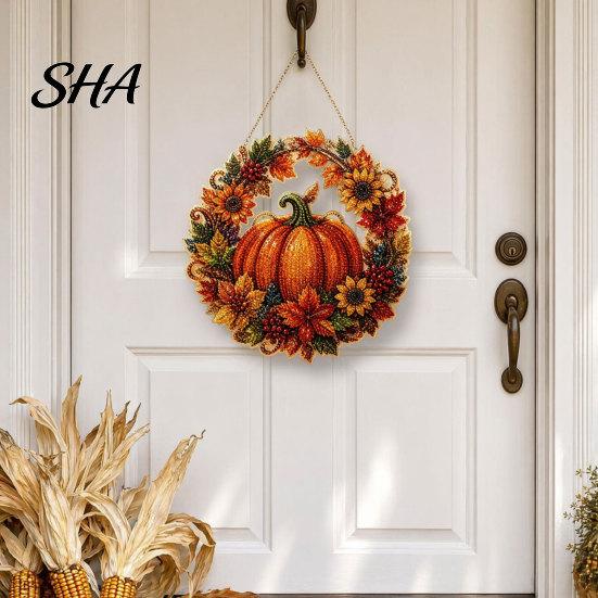 Eye-Catching Design Ornament Fall Pumpkin Sunflower Wreath Hanging Decor, Acrylic Hand Painted Christmas Tree Window Ornament, Thanksgiving Halloween