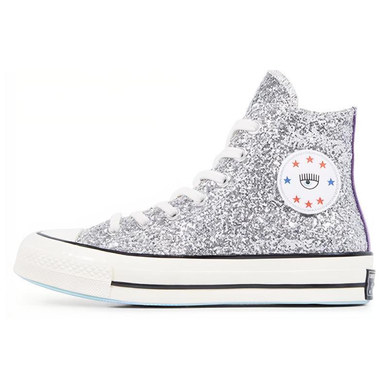 Chiara x Converse 1970-е Блестящие Высокие Кеды с Большими Глазами и Пайетками Холщовые Кроссовки для Женщин Серо-Фиолетового Цвета