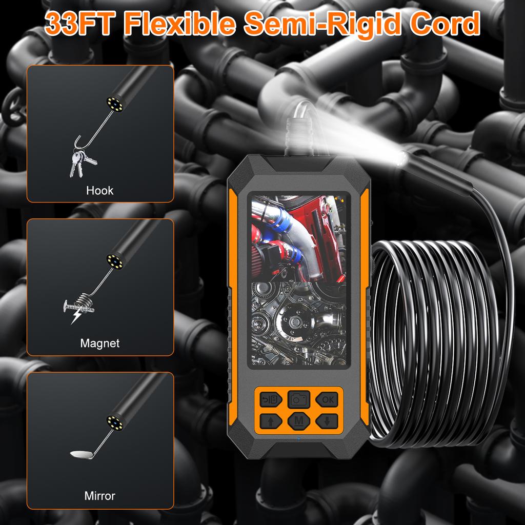 Industrial Endoscope, 1080P HD Borescope Tools with 4.5  IPS Screen and 8 Adjustable LED Lights, Endoscope with 33FT