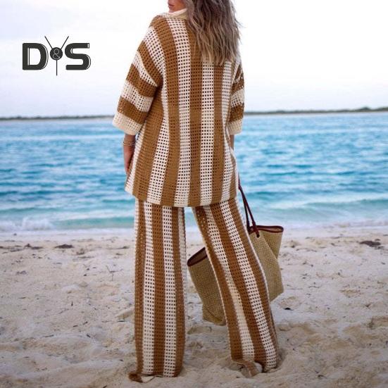 2 шт./компл., женская рубашка и брюки, комплект трикотажных полых V-образным вырезом, однобортная блузка с рукавами три четверти, высокая талия, широкие брюки, пляжный наряд