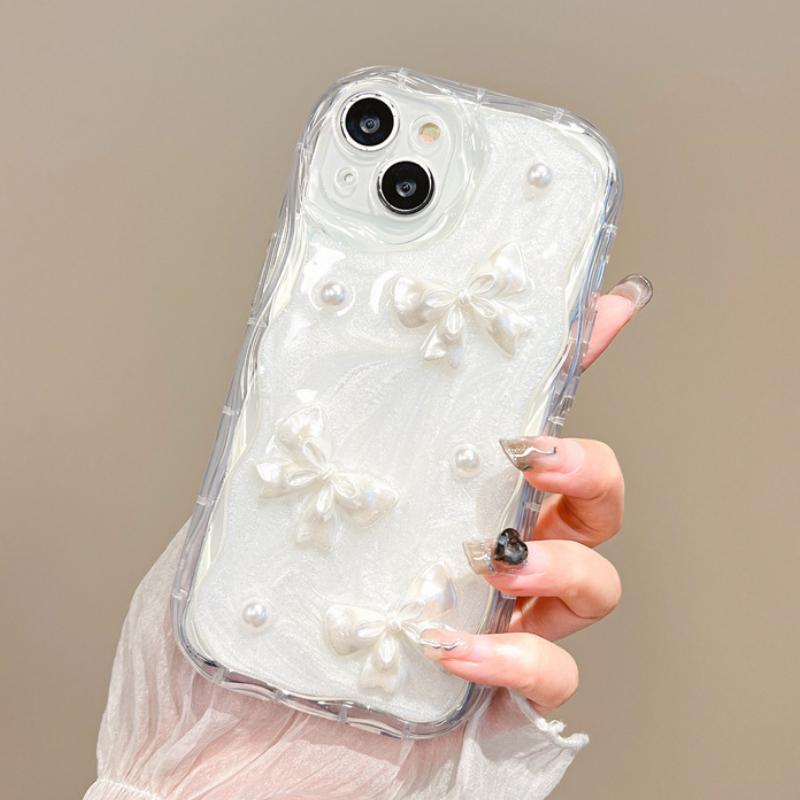 Милый 3D Чехол для телефона с жемчужным бантом и волнами для iPhone 17 Air 16 15 14 13 12 11 Pro Max Plus Мягкий ударопрочный бампер Защитная крышка
