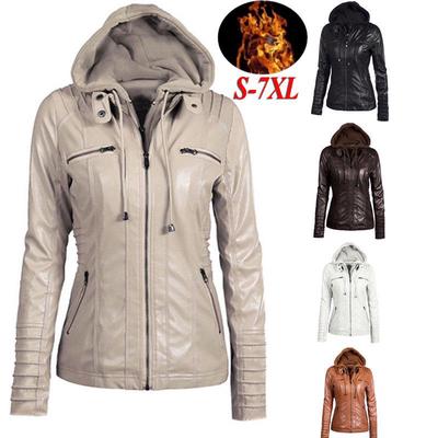 MakeWishes Плюс Размер S-7XL Женская Кожа PU С Капюшоном Молния Мотоциклетная Байкерская Куртка Пальто Осень Зима Теплое Пальто