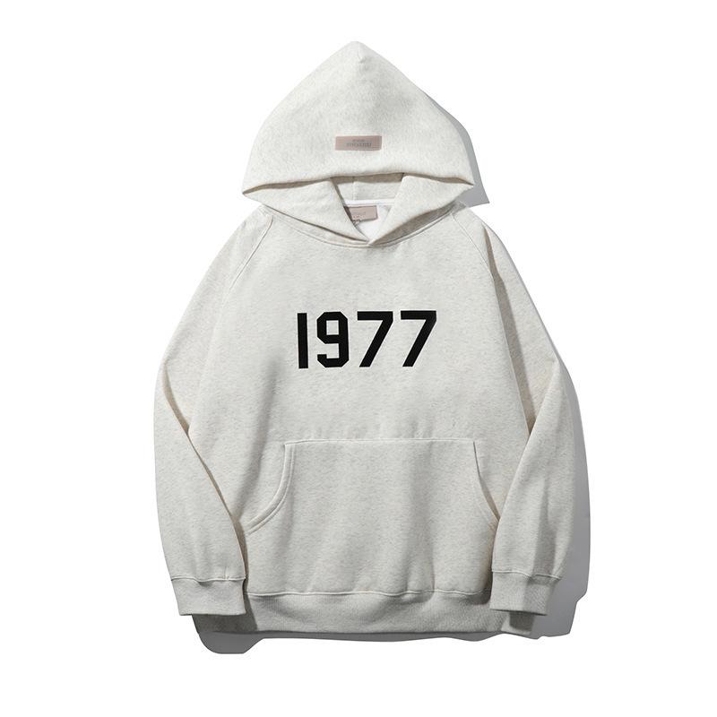 ESSENTIALS 1977 Double-Line Flocking Letter Hooded Sweatshirt for Men and Women