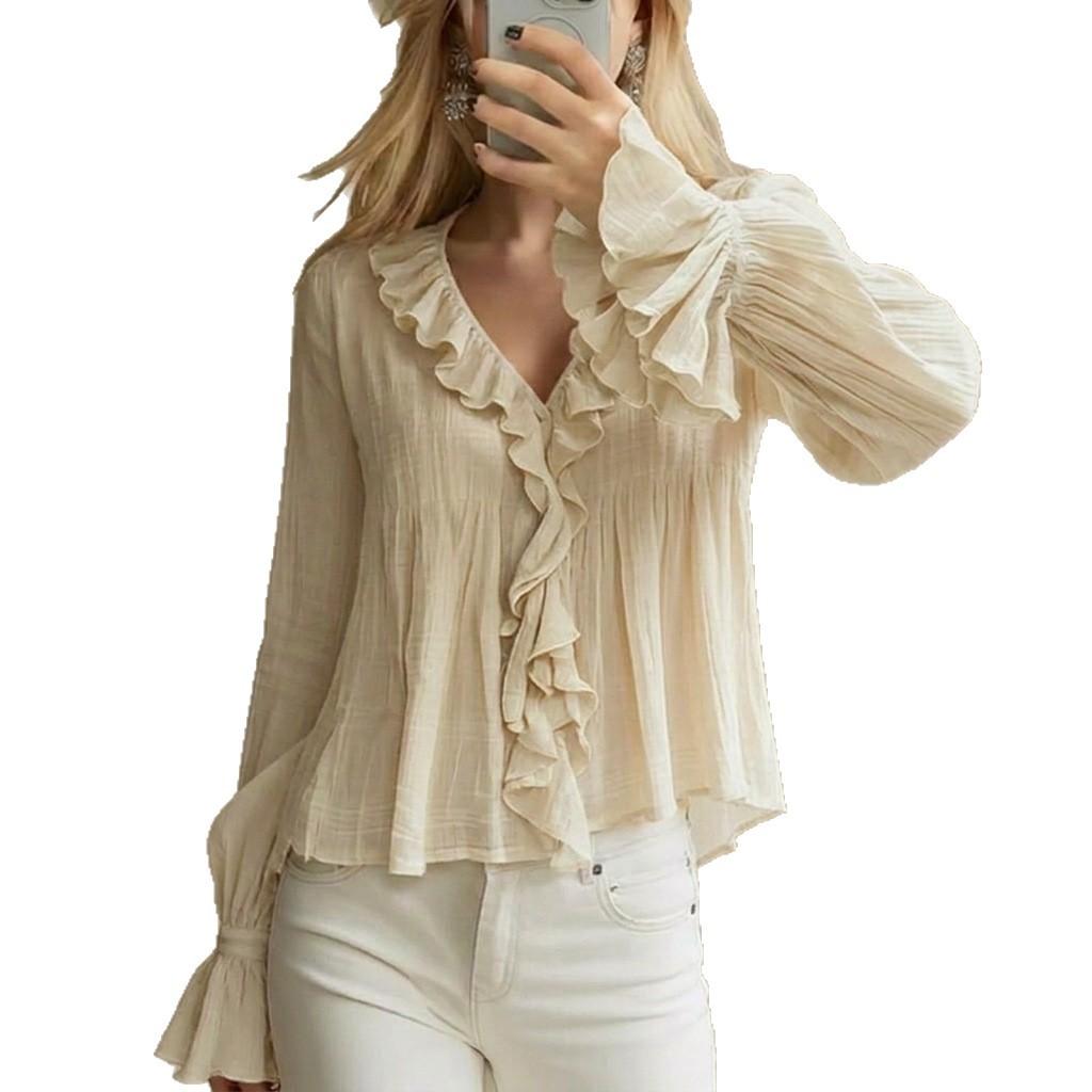 Women S Sweet Ruffled V Neck Long Sleeve Blouse Casual Summer Autumn Versatile