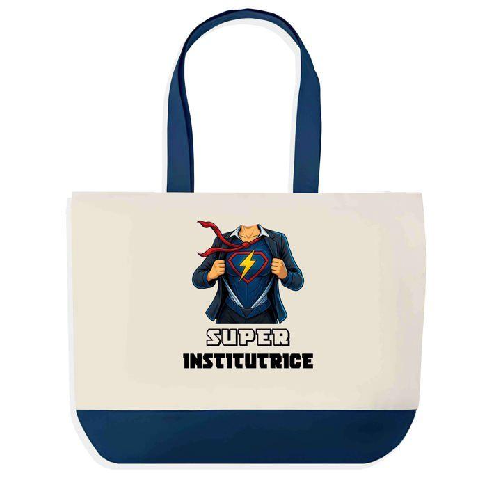 Tote bag - PLANETEE - Sac shopping fond bleu Super Institutrice - Coton - 40 x 45 cm - Sans fermeture