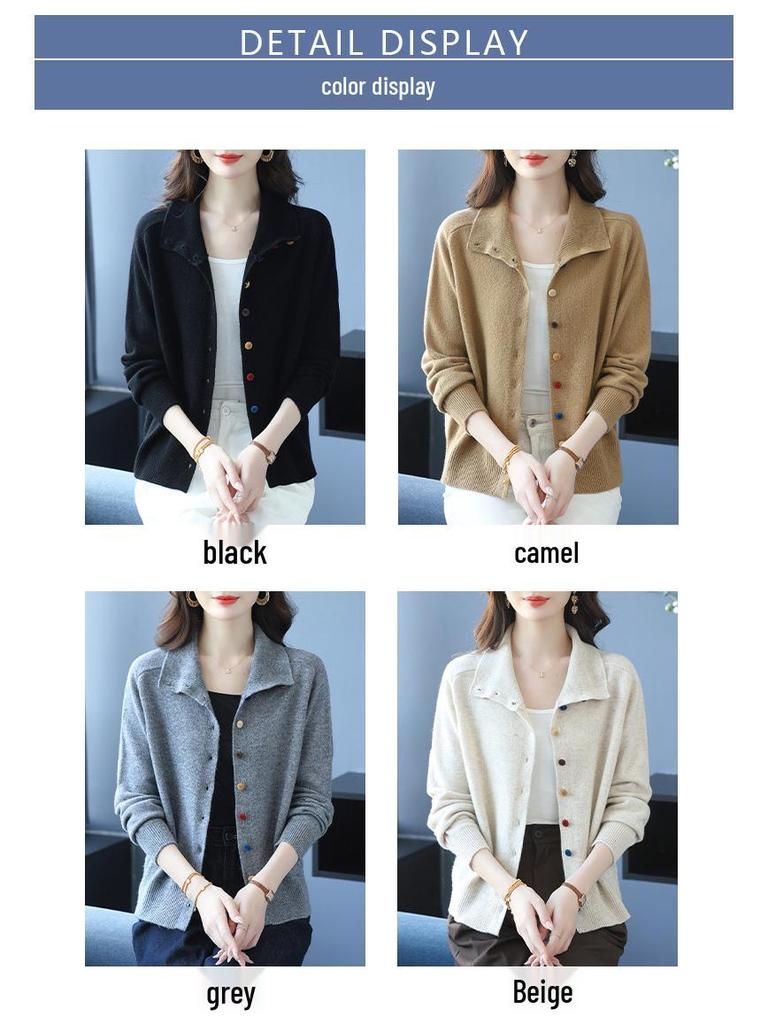 Женский вязаный кардиган из 100% чистой шерсти с отложным воротником - Осенняя мода, короткая куртка