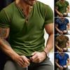 Men T-shirt Color Matching Slim Fit Button V Neck Elastic Soft Casual Pullover Short Sleeves