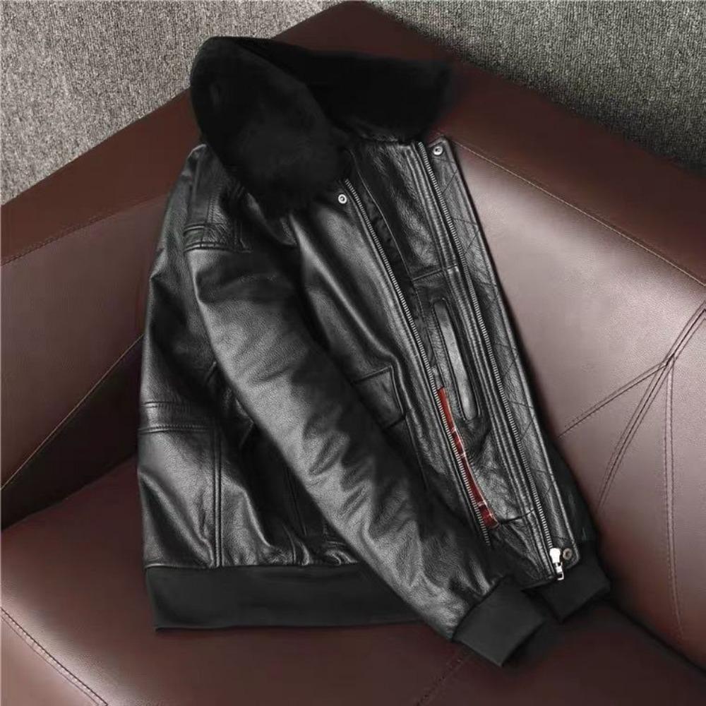 Winter Lapel Flight Suit Leather Jacket Pure First Layer Cowhide Leather Jacket Men's Large Size Cotton Jacket