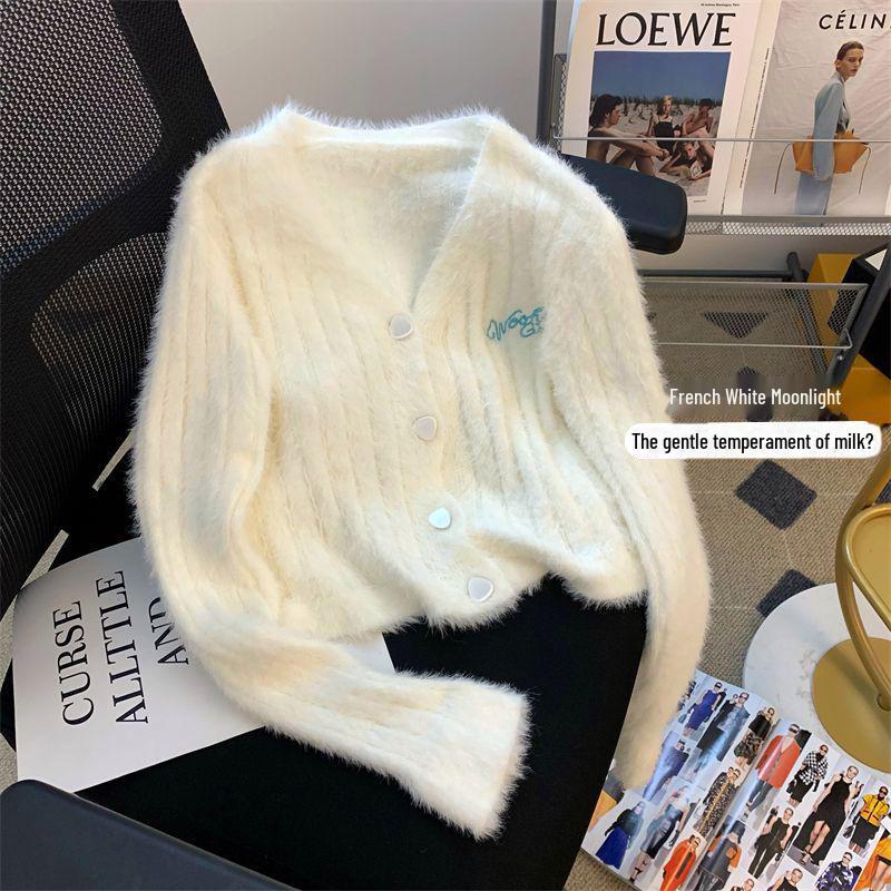 Женский осенний вязаный кардиган розового цвета с V-образным вырезом - имитация норки, милая вышивка, омолаживающий, мягкий короткий топ