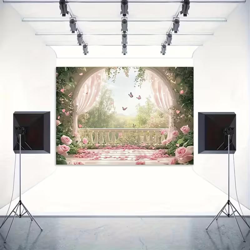 Pink Rose Balcony Tapestry, Romantic Floral Butterfly Background Cloth, Wedding Party Backdrop