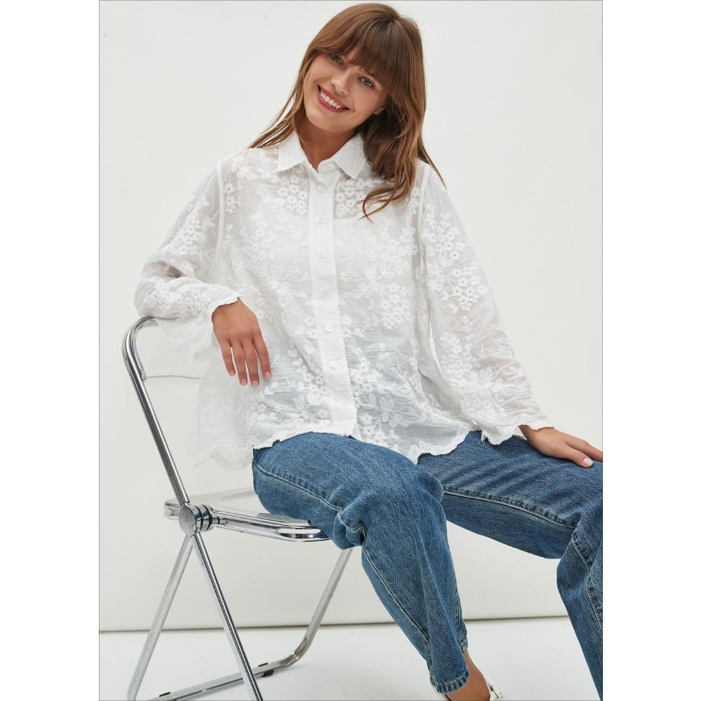 Dimanaf 2025 Women Spring Shirt Lace Blouse Long Sleeve Buttons Fashion Tops Tees Loose White Tees New