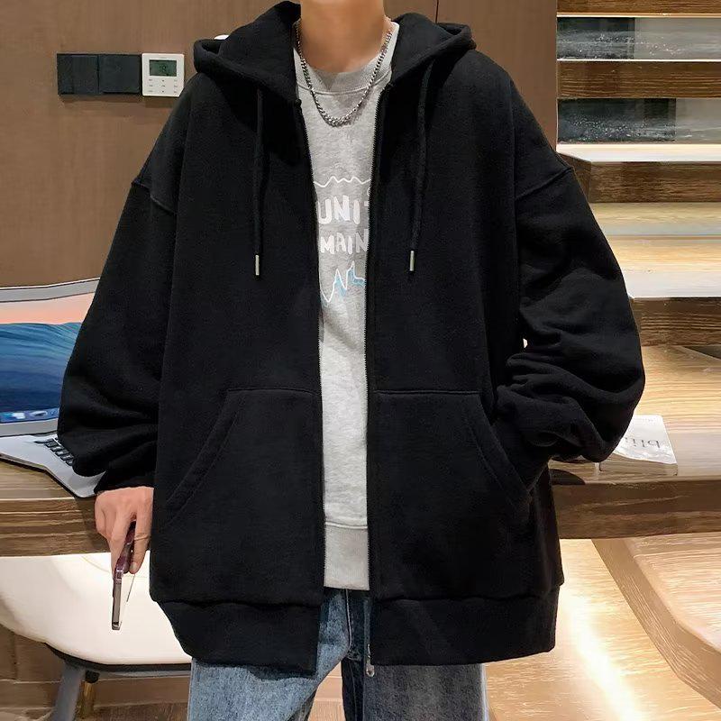Мужской кардиган с капюшоном на молнии в корейском стиле — модная однотонная толстовка свободного кроя для осени и зимы