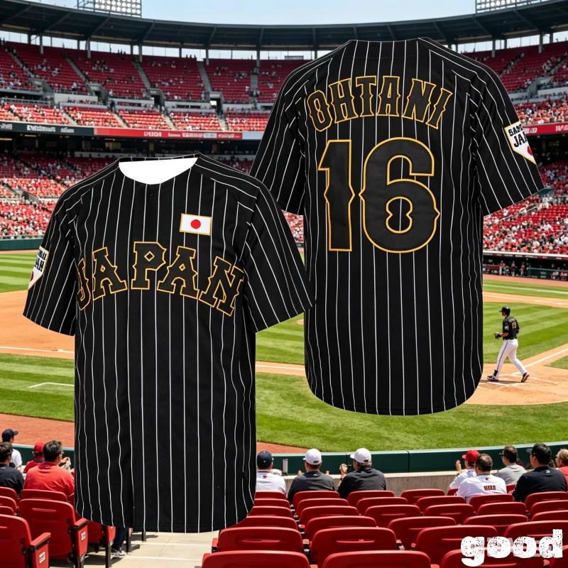 Japan 16 Ohtani Baseball Jersey Black White Stripe Samurai 3D Print High-Quality Outdoor Sportswear Tee for Family Kids Cheap