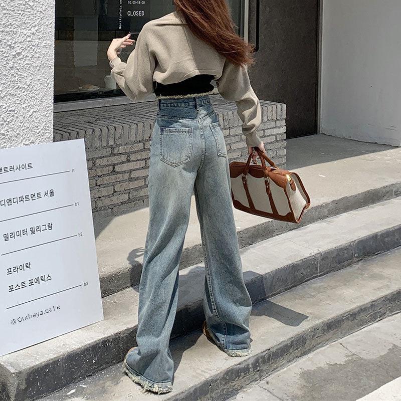Женские джинсы с высокой талией и широкими штанинами в стиле ретро с необработанными краями — облегающий, свободный и драпированный дизайн