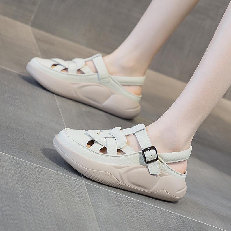 Sandals Women's New Leather Flat Bottom Bag Head Soft Sole Maternity Shoes Casual Fashion Outer Wear Color Matching Beach Sandals