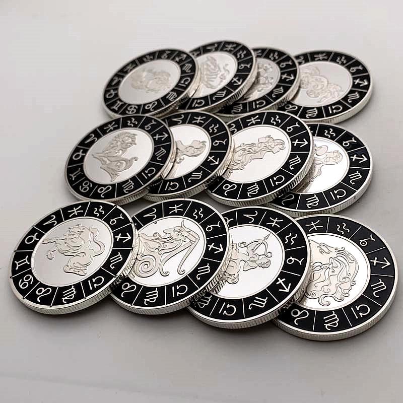 European and American zodiac signs, diamond encrusted coins, silver plated, Pisces commemorative coins, collectibles, Tarot love coins, coins
