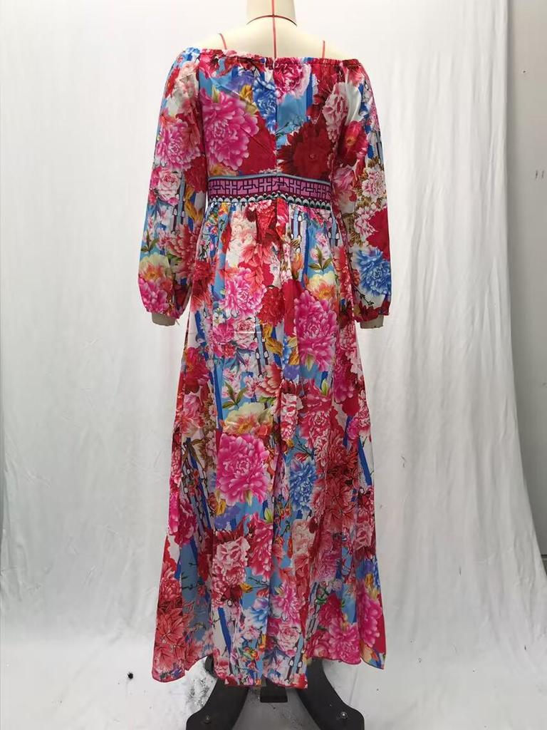 2025 V-Neck Retro Long Sleeve Printed Evening Dress - Spring/Summer Collection