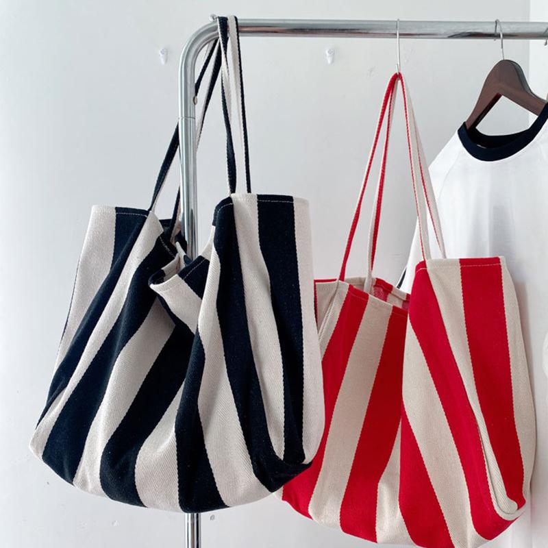 Вместительная холщовая сумка с ручкой сверху, женская летняя полосатая простая повседневная дамская сумочка, уличная сумка через плечо