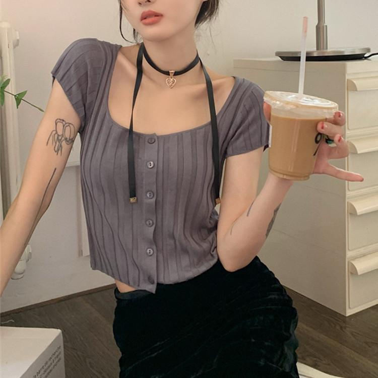 Универсальный большой U-образный вырез с короткими полосками на пуговицах, летний кардиган с короткими рукавами, облегающая женская повседневная базовая облегающая футболка-пуловер