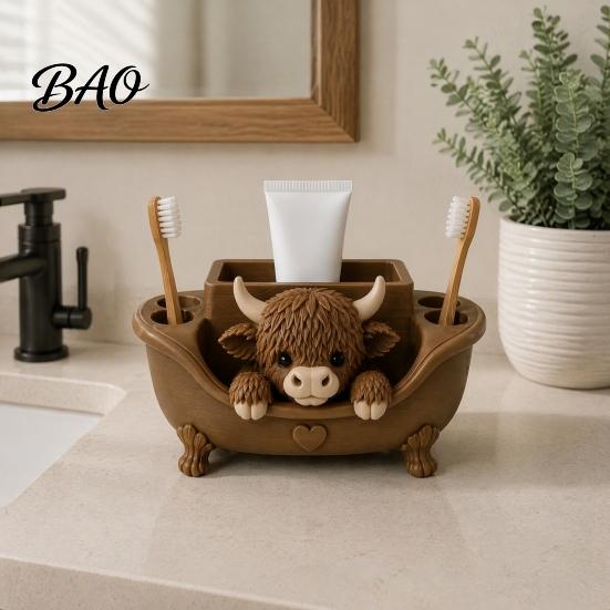 Cute Animal Theme Home Decor 3D Printed Bathtub Highland Cow Toothbrush Holder for Bathroom Countertop, Counter Organizer Kids And Toothpaste